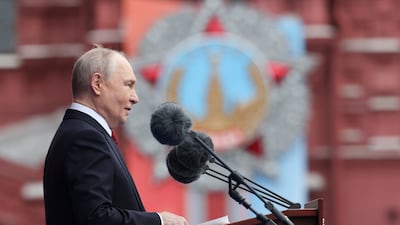 Russian President Vladimir Putin speaks during the Victory Day military parade in Moscow on Saturday. EPA