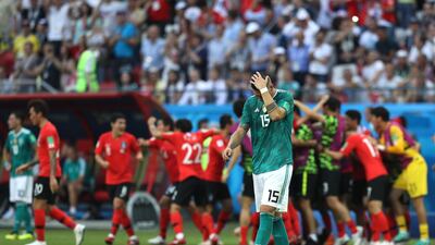 Niklas Suele of Germany looks dejected following his sides defeat to South Korea that eliminated them from the World Cup. Kevin C Cox / Getty Images
