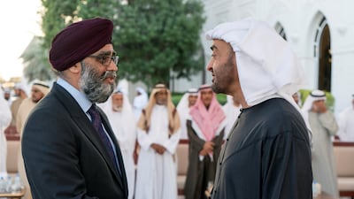 Sheikh Mohammed bin Zayed, Crown Prince of Abu Dhabi and Deputy Supreme Commander of the Armed Forces, receives Harjit Singh Sajjan, minister of national defence of Canada, at the Sea Palace. Rashed Al Mansoori / Crown Prince Court - Abu Dhabi