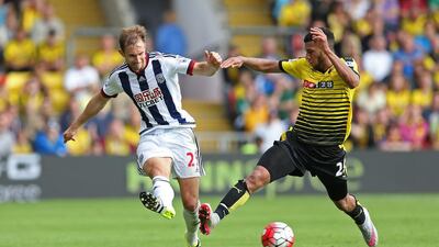 Etienne Capoue, right, of Watford and Craig Dawson of West Bromwich Albion challenge for the ball on Saturday during their goalless draw in the Premier League. Matthew Childs / Action Images / Reuters