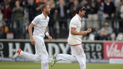 England captain Alastair Cook, right, and Stuart Broad celebrate after winning the first Test against New Zealand on Monday. Gareth Copley / Getty Images / May 25, 2015