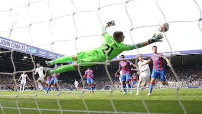 Leeds United's Patrick Bamford scores his side's first goal. PA