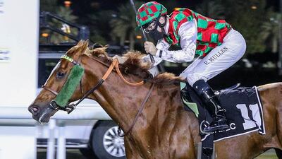 Richard Mullen celebrates as he crosses the finish line on Somoud in the Group 1 President’s Cup for Purebred Arabians in Abu Dhabi on Sunday, February 21, 2021. Courtesy ERA