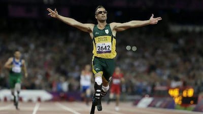 South Africa's Oscar Pistorius wins gold in the men's 400-metre T44 final at the 2012 Paralympics, in London.