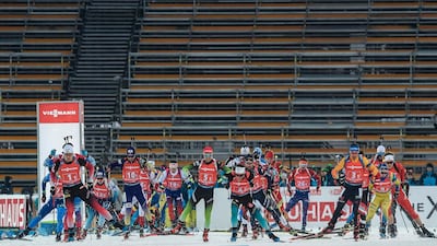 Competitors in the men's biathlon relay in the IBU World Cup in Nove Mesto, Czech Republic, on Saturday, March 7. AFP