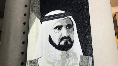 A portrait of Sheikh Mohammed bin Rashid Al Maktoum with about 350,000 crystals, pearls and glass beads. Courtesy Fairmont Dubai