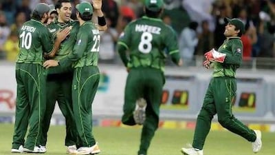 Pakistan's Umar Gul, second left, was man-of-the-match in the first Twenty20.
