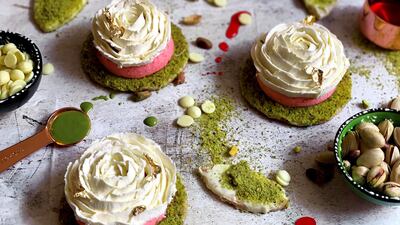 Khan's creations, like this Roohafza and pistachio mousse dessert, are inspired by nostalgia.