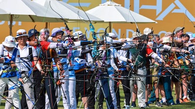 Competitors take aim during the recurve archery event at the Open Masters Games in Abu Dhabi. Victor Besa / The National