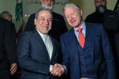 Iranian Foreign Minister Abbas Araghchi, left, with Lebanese Foreign Minister Youssef Raggi, in Beirut. EPA