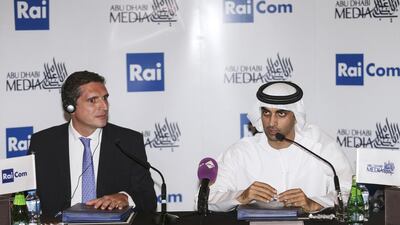 Mohamed Ebraheem Al Mahmood, the chairman and managing director of Abu Dhabi Media, speaks after signing a memorandum of understanding with Italy’s RAI COM yesterday. Sarah Dea / The National