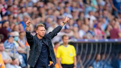 Manager Julian Nagelsmann celebrates after Kingsley Coman scored Bayern Munich's third goal. Getty