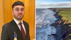 Zaid Anfoka and the scene of the rescue, Northcott Mouth, in Cornwall. Thomas Harding / The National / Getty Images