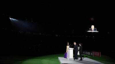 Japan's Crown Prince Akishino, right, listens to World Rugby chairman Bill Beaumont speak during the opening ceremony. AFP