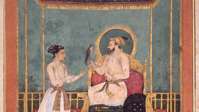 A Mughal-era watercolour of Shah Jahan accepting a falcon as a gift, about 1630. Courtesy Getty Museum