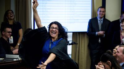 US Representative-elect Rashida Tlaib (D-MI) reacts to a good number during an office lottery for new members of Congress on Capitol Hill November 30, 2018 in Washington, DC. AFP
