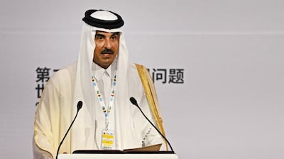 Qatar’s Emir Sheikh Tamim speaks during the UN's Second World Summit for Social Development in Doha. AFP