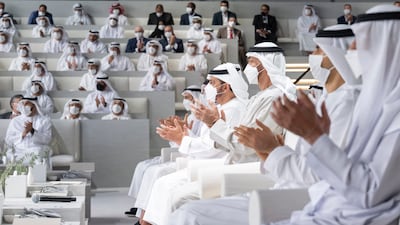 Sheikh Mohamed bin Zayed, Crown Prince of Abu Dhabi and Deputy Supreme Commander of the Armed Forces (C), attends a lecture at Majlis Mohamed bin Zayed alongside Sheikh Hamdan bin Zayed, Ruler’s Representative in Al Dhafra Region (4th R).