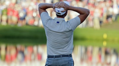 Europe’s Henrik Stenson reacts after missing his birdie putt on the 17th hole. Charlie Riedel / AP Photo