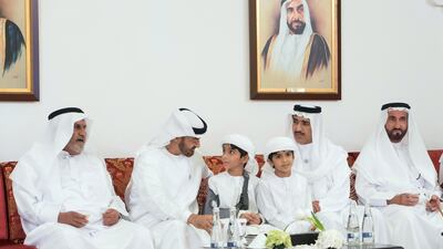 Sheikh Mohamed bin Zayed attends a mass wedding held at Majlis Al Manhal. Seen with Ahmed Al Zaabi. Rashed Al Mansoori / Ministry of Presidential Affairs