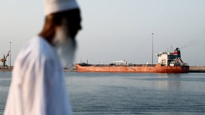 An oil tanker in Port Sultan Qaboos, Muscat, is among the ships at anchor dotted around the Strait of Hormuz, as they wait for a break in hostilities. Reuters