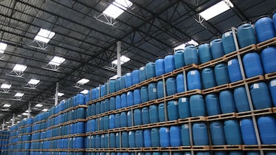 Barrels of chili paste await processing at the Huy Fong Foods Sriracha Hot Chili Sauce factory. David McNew / Getty Images / AFP