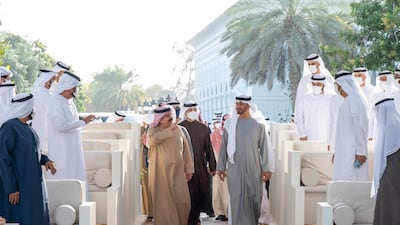 Sheikh Mohamed bin Zayed, Crown Prince of Abu Dhabi and Deputy Supreme Commander of the Armed Forces, and King Hamad of Bahrain arrive at Sea Palace. They were joined by Sheikh Mansour bin Zayed, UAE Deputy Prime Minister and Minister of Presidential Affairs. All photos: Abdulla Al Neyadi for the Ministry of Presidential Affairs