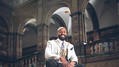 Councillor Magid Magid, in his now famous pose after inauguration as Sheffield's Lord Mayor Photos Chris Saunders