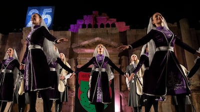 Circassian dancers from Al-Jeel Al-Jadeed Club (the New Generation Club) perform during the 2019 Jerash Festival of Culture and Arts at the Jerash archeological site, Jerash, some 46 km North of Amman, Jordan. EPA