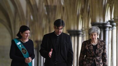 Britain's Prime Minister Theresa May visits Salisbury cathedral. EPA.