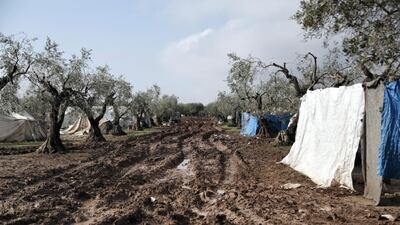 Location: Al-Karama camp in Atama. The aftermath of heavy rainfall on north Syria, residents lost their furniture, clothes and bedding as well as the tents waiting outside in open lands until the civil defense and NGs arrive to rescue them.