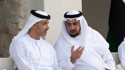Sheikh Hazza bin Zayed, deputy chairman of the Abu Dhabi Executive Council (L), and Sheikh Hamdan bin Zayed, Ruler’s Representative in Al Dhafra Region, attend the group wedding.