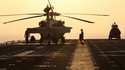 An MH-60S Sea Hawk is seen after it was landed on the flight deck of USS Boxer (LHD-4) in the Arabian Sea off Oman. All photos by Reuters on July 16, 2019