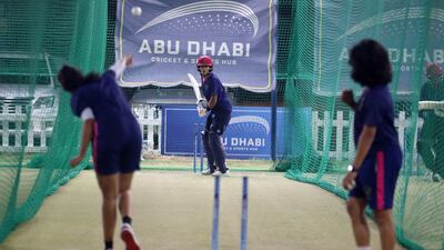 Esha Oza during nets at the Zayed Cricket Academy in Abu Dhabi. Pawan Singh / The National