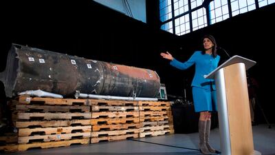 US Ambassador to the United Nations Nikki Haley unveils previously classified information intending to prove Iran violated UNSCR 2231 by providing the Houthi rebels in Yemen with arms. AFP PHOTO / JIM WATSON