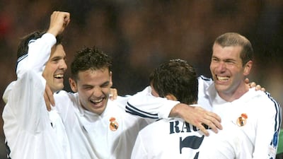 Santiago Solari celebrates with, Fernando Morientes, Raul, and Zinedine Zidane during their Champions League final victory in 2002. Getty Images