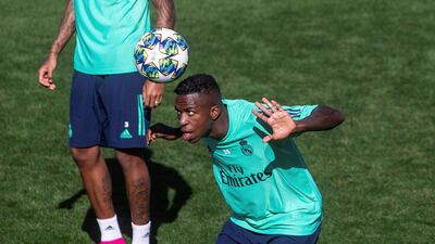 epa07881794 Real Madrid's Vinicius Jr. takes part in a training session at Valdebebas Sport City in Madrid, Spain, 30 September 2019. Real Madrid will face Club Brugge in a UEFA Champions League group stage soccer match on the upcoming 01 October. EPA/Rodrigo Jimenez