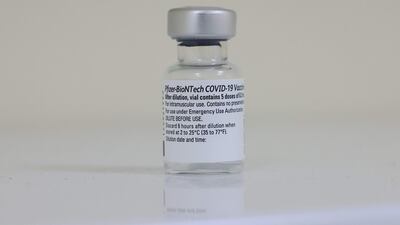 A vial of the vaccine is seen at Barsha Health Centre. AFP