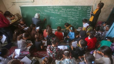Students in a UNRWA temporary school in Gaza in 2025. Photo: UNRWA