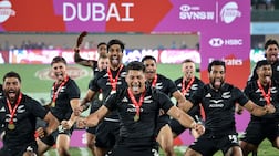New Zealand’s men’s team perform the Haka after winning the 2025 HSBC World Rugby Sevens Series final in Dubai. AFP