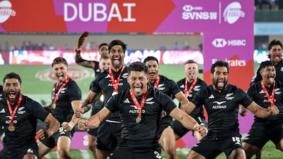 New Zealand’s men’s team perform the Haka after winning the 2025 HSBC World Rugby Sevens Series final in Dubai. AFP
