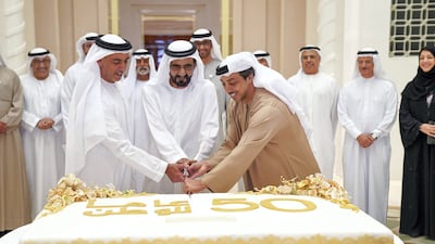 Sheikh Mohammed, Prime Minister and Ruler of Dubai, celebrates 50 years of government service during a Cabinet meeting in January 2019. Wam