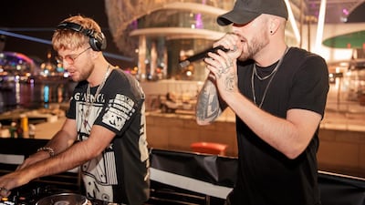 L-R Sigala's (L-R) Cameron Edwards and Joe Lenzie perform in the Amber Lounge yacht party at the Yas Marina Circuit on November 30, 2019. Courtesy: Amber Lounge