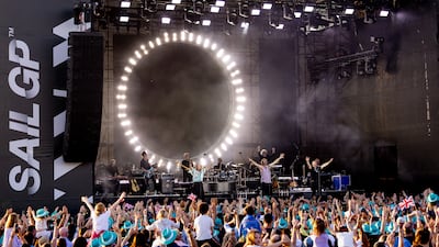 Take That performs on stage after the first day of racing. Photo: SailGP