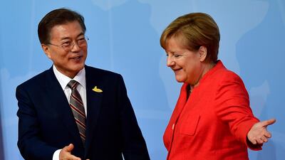 German Chancellor Angela Merkel South Korea's President Moon Jae-in. Tobias Schwarz / AFP Photo