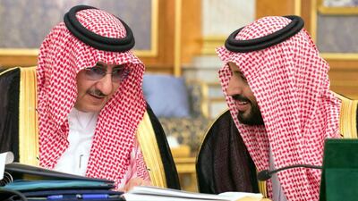 Saudi Crown Prince and Minister of Interior, Prince Mohammed bin Nayef, left, and deputy crown prince and Minister of Defence, Prince Mohammed bin Salman, attending a cabinet meeting in coastal city of Jeddah. In a press conference in Jeddah, officials revealed sweeping plans to create some 450,000 non-government jobs by 2020, boost non-oil revenues and cut the cost of public wages. AFP Photo / HO / SPA