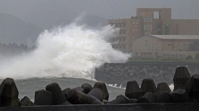 Giant waves crash into the coastline next to National Taiwan Ocean University in Keelung as Typhoon Chan-hom brings rain to northern Taiwan on July 10, 2015. Sam Yeh/AFP Photo