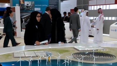 A model of Seychelles wind turbine on display at Masdar Hall during the World Future Energy Summit at Abu Dhabi National Exhibition Centre. Ravindranath K / The National
