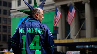 Seattle Seahawks fan Phil Andruss before boarding a train at Penn Station for Super Bowl XLVIII in New York. Joshua Lott / Reuters