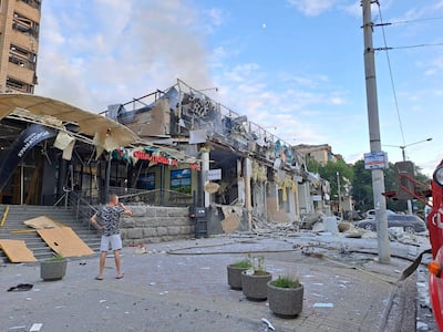 The aftermath of the Russian missile attack that destroyed the pizza restaurant. AP
